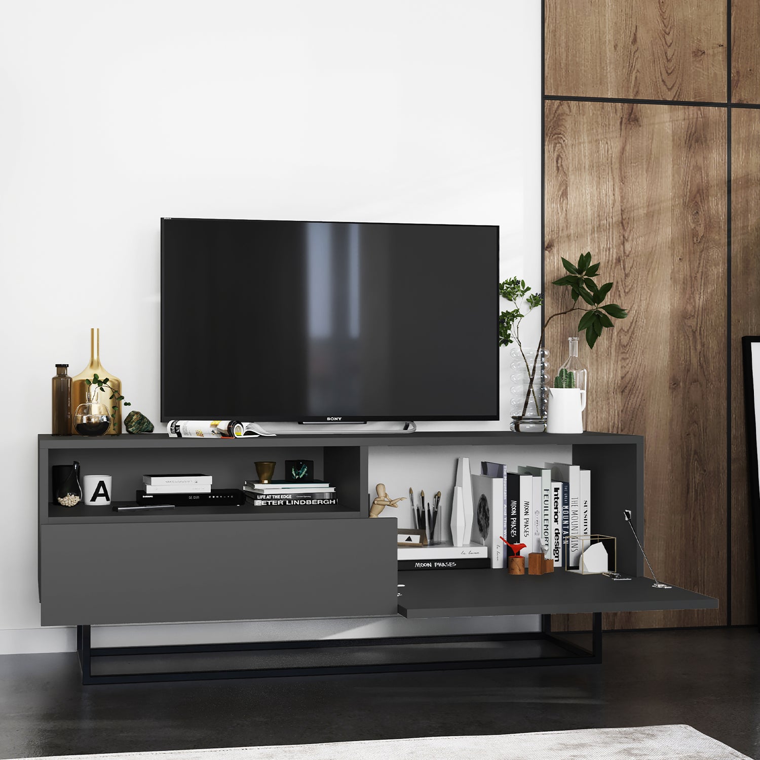 Enjoy Minimalist Freestanding TV Unit with Open Shelf and Metal Base – Graphite