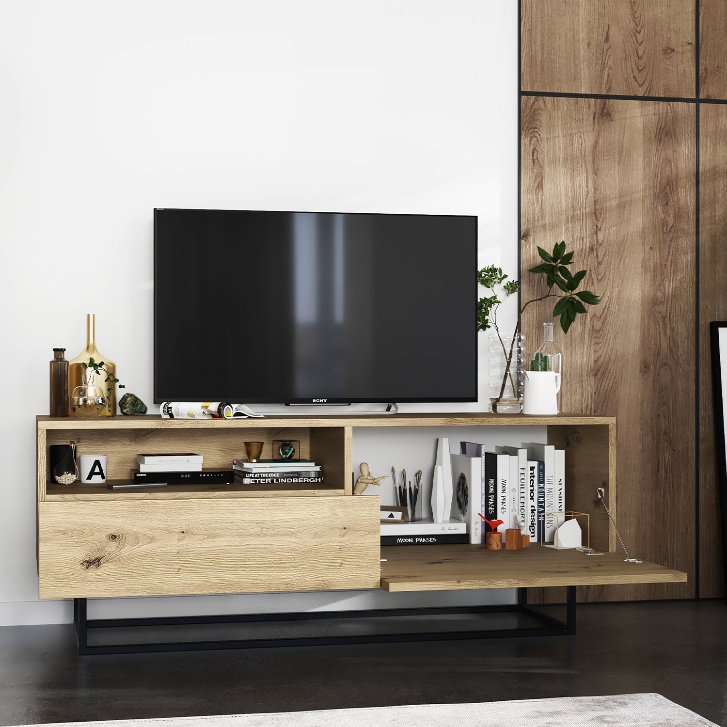 Enjoy Minimalist Freestanding TV Unit with Open Shelf and Metal Base – Oak Artisan