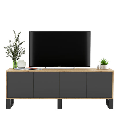 Apollo Modern TV Unit with 4-Door Design and Three Metal Legs – Grey / Oak Wotan