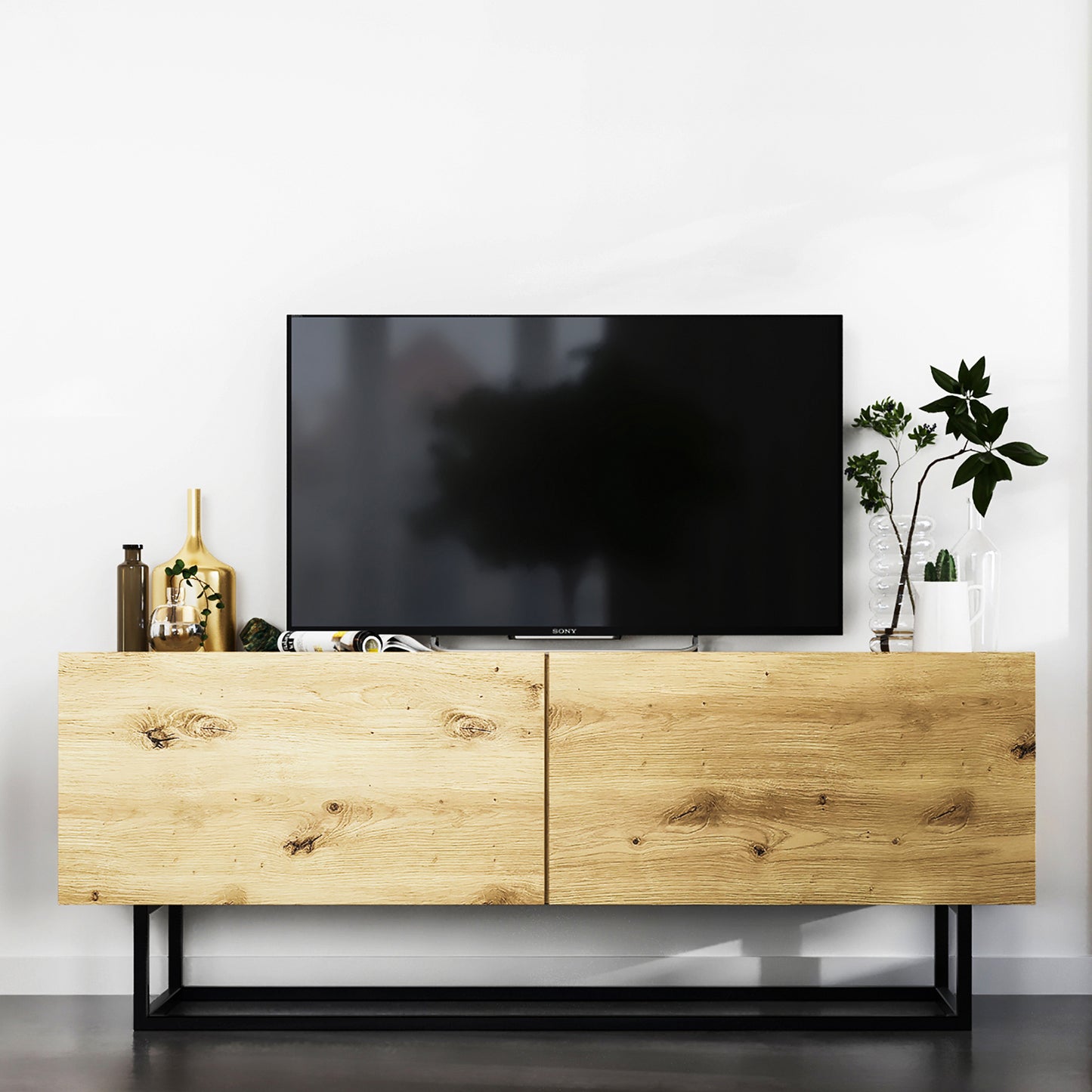 Enjoy Minimalist Freestanding TV Unit with Metal Base – Oak Artisan