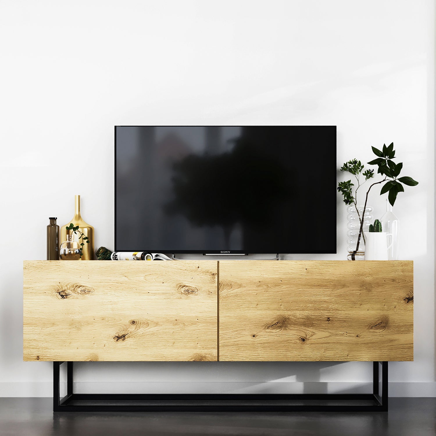 Enjoy Minimalist Freestanding TV Unit with Metal Base – Oak Artisan