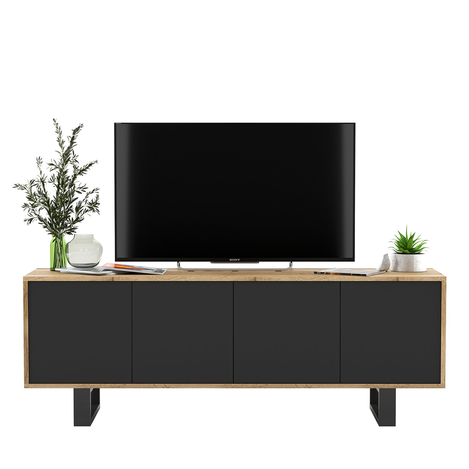 Apollo Modern TV Unit with 4-Door Design and Metal Legs – Black / Oak Wotan