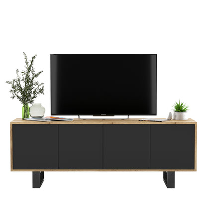 Apollo Modern TV Unit with 4-Door Design and Metal Legs – Black / Oak Wotan