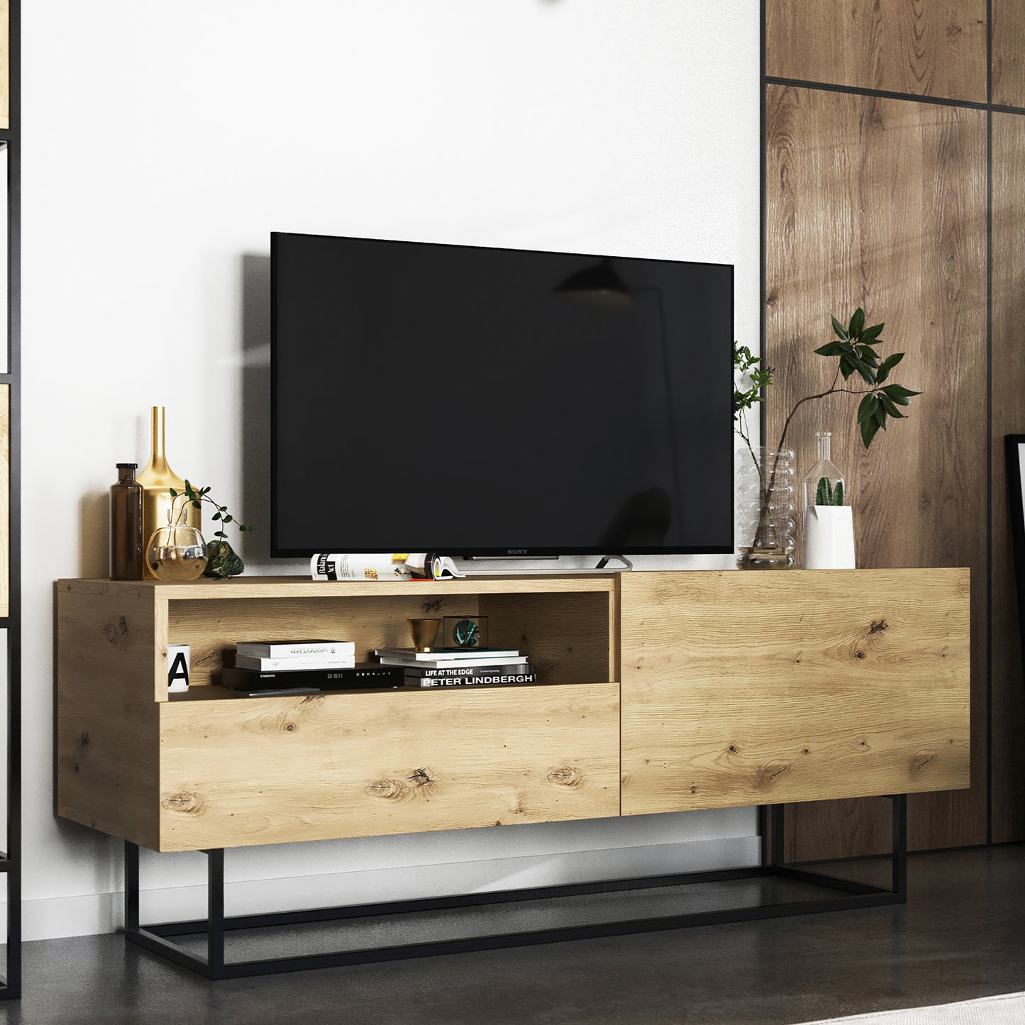 Enjoy Minimalist Freestanding TV Unit with Open Shelf and Metal Base – Oak Artisan
