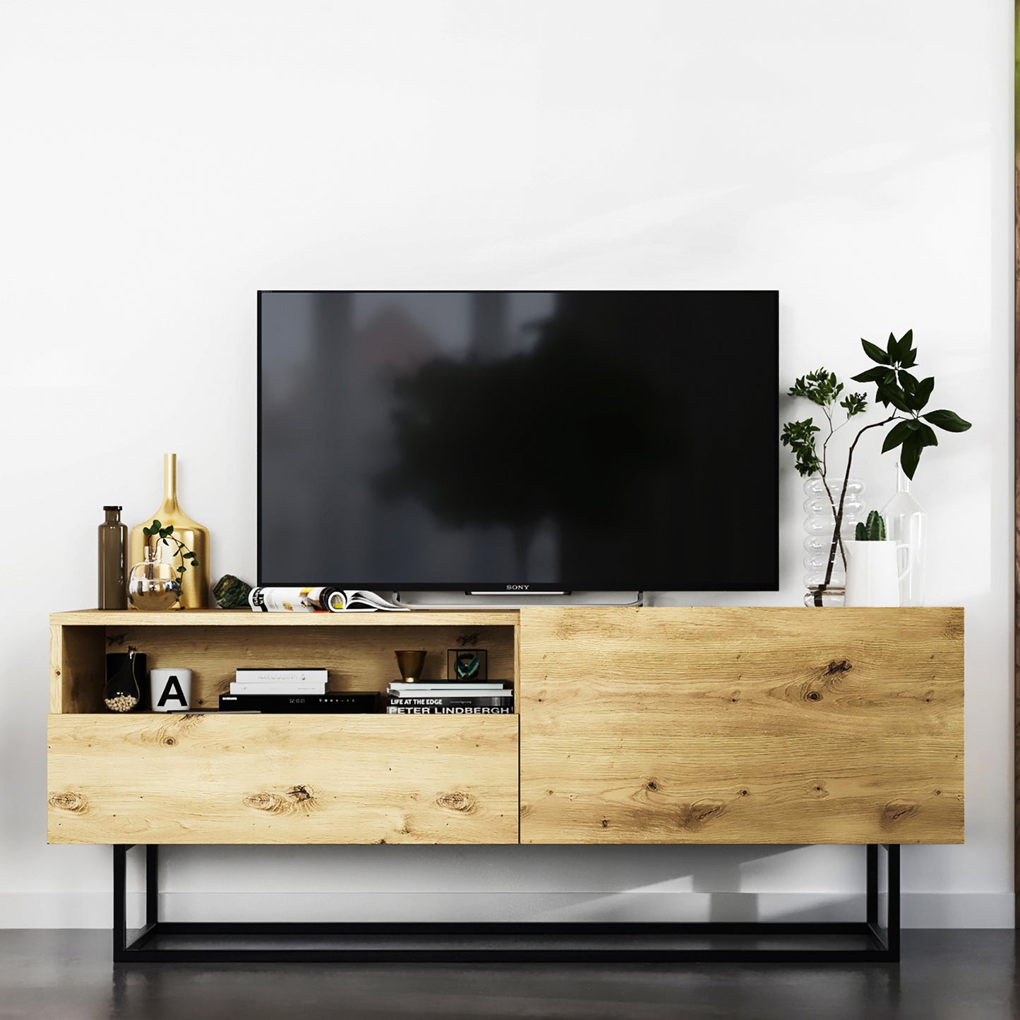 Enjoy Minimalist Freestanding TV Unit with Open Shelf and Metal Base – Oak Artisan