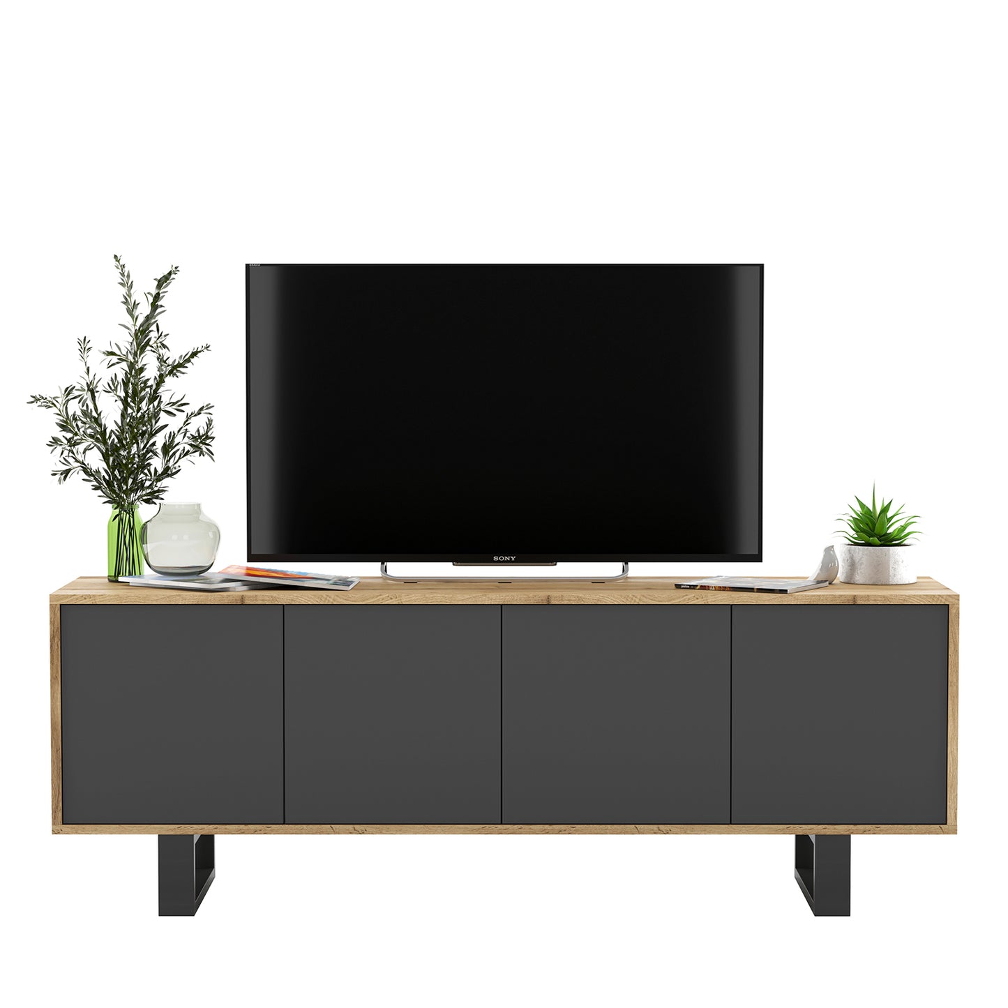 Apollo Modern TV Unit with 4-Door Design and Metal Legs – Grey / Oak Wotan
