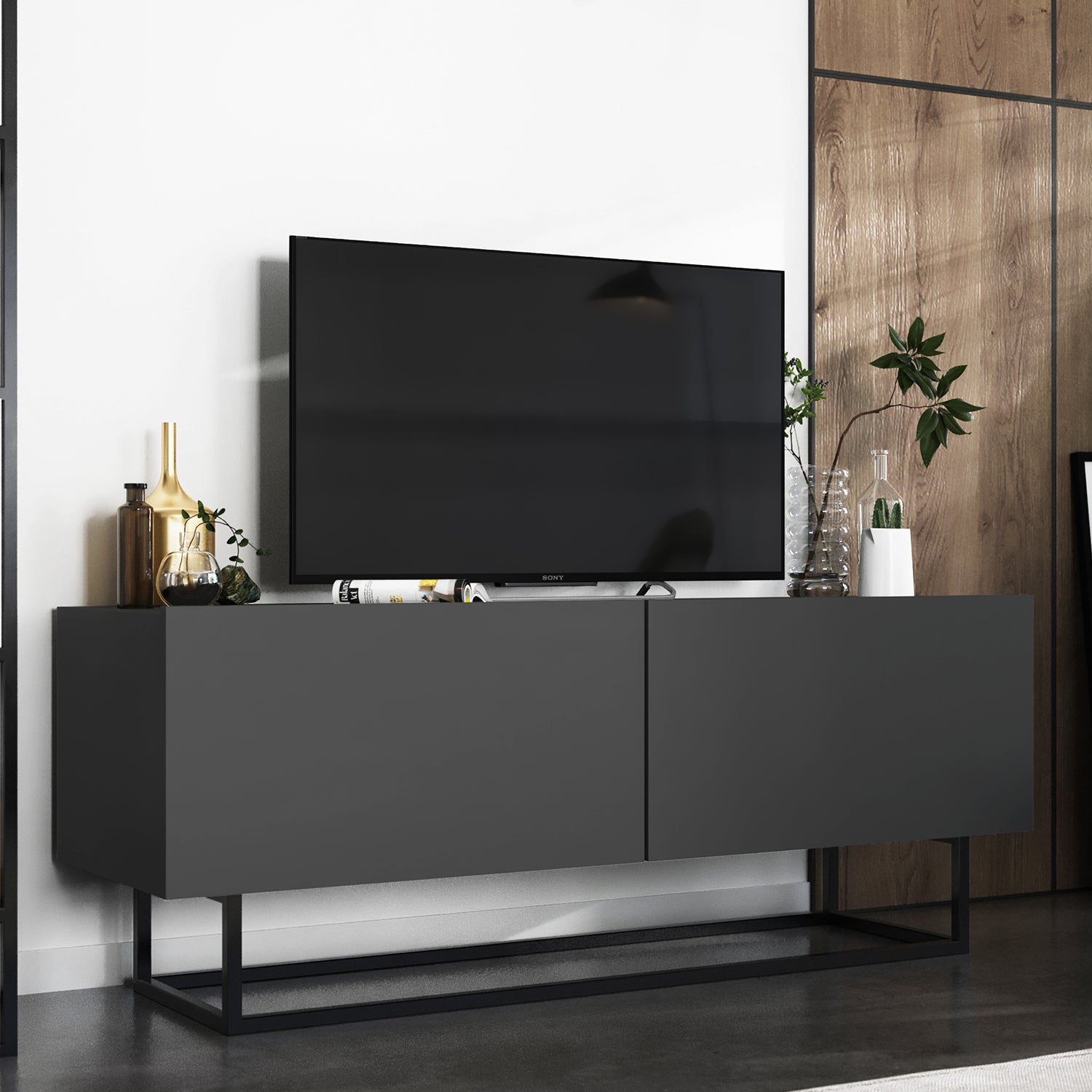 Enjoy Minimalist Freestanding TV Unit with Metal Base – Graphite