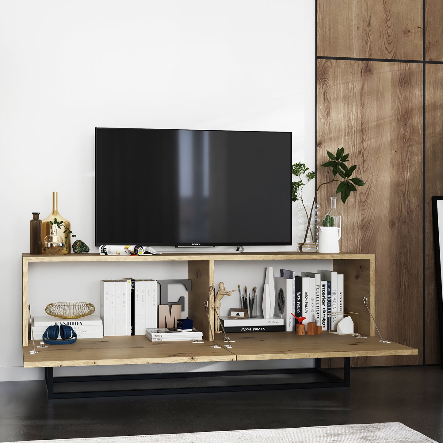 Enjoy Minimalist Freestanding TV Unit with Metal Base – Oak Artisan