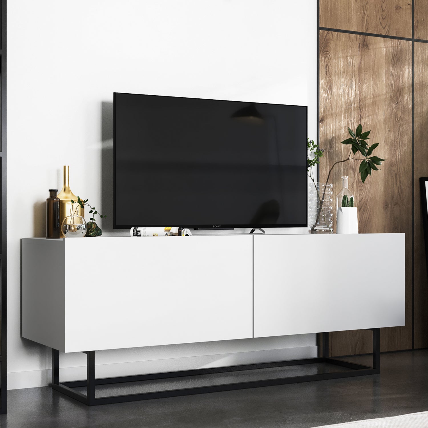 Enjoy Minimalist Freestanding TV Unit with Metal Base – White