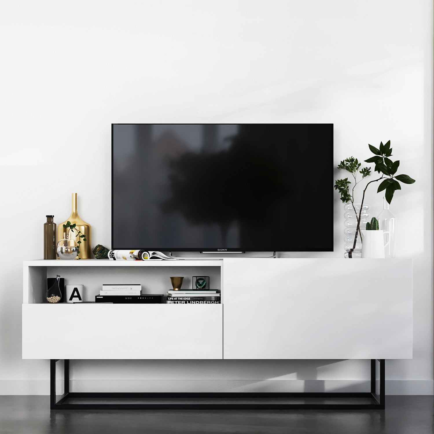 Enjoy Minimalist Freestanding TV Unit with Open Shelf and Metal Base – White