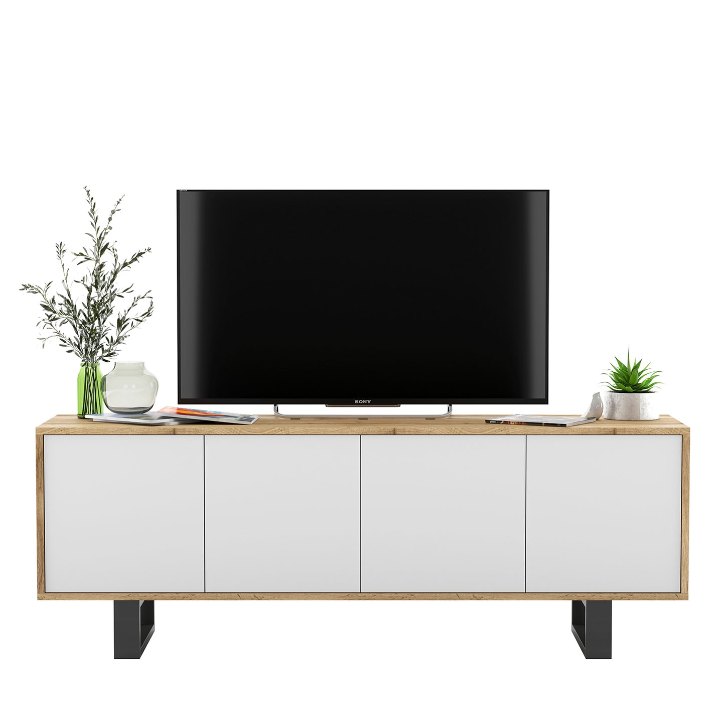 Apollo Modern TV Unit with 4-Door Design and Metal Legs – White / Oak Wotan