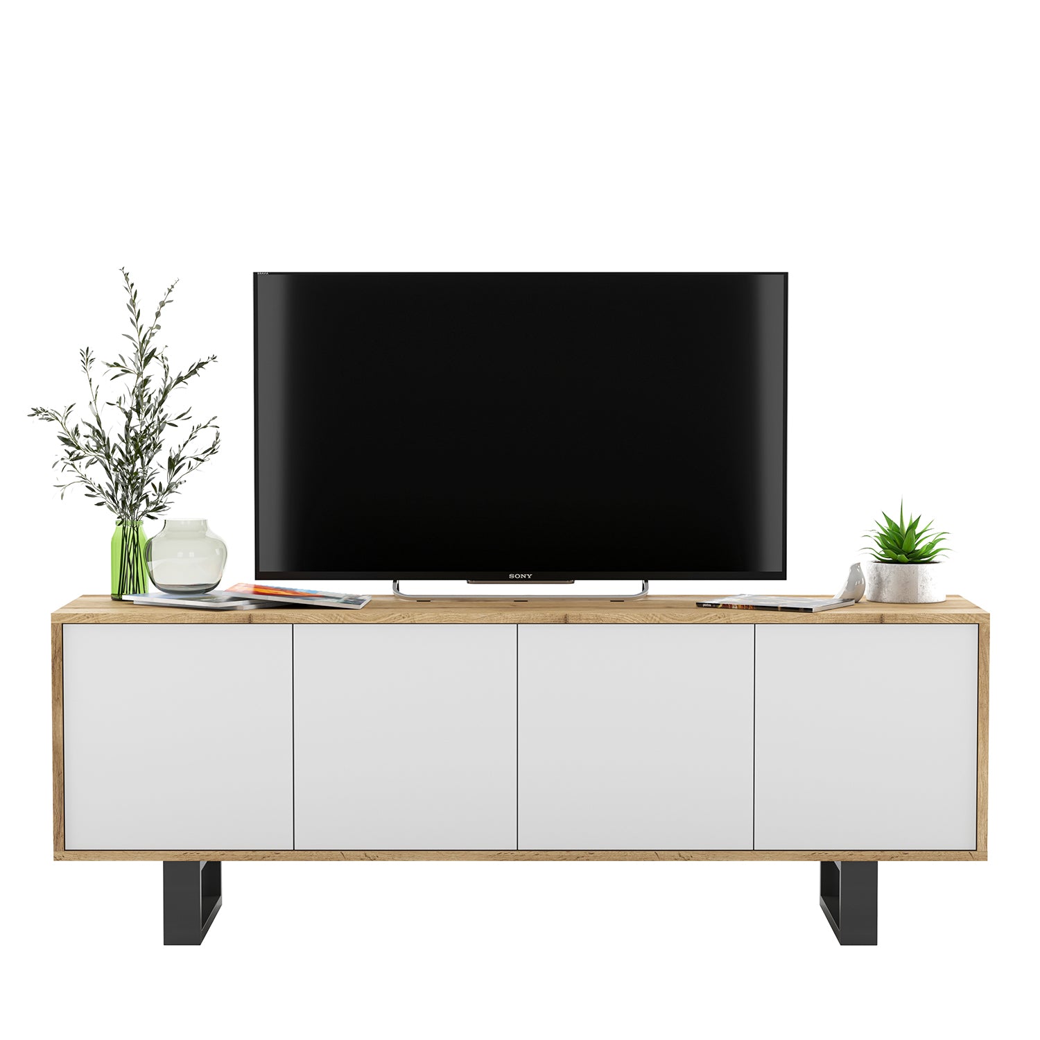 Apollo Modern TV Unit with 4-Door Design and Metal Legs – White / Oak Wotan