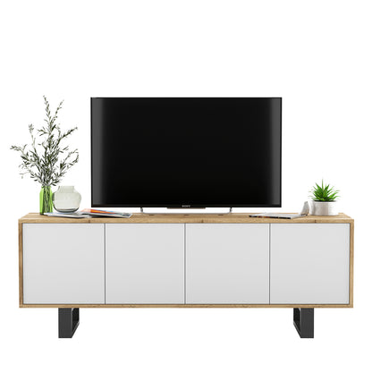 Apollo Modern TV Unit with 4-Door Design and Metal Legs – White / Oak Wotan