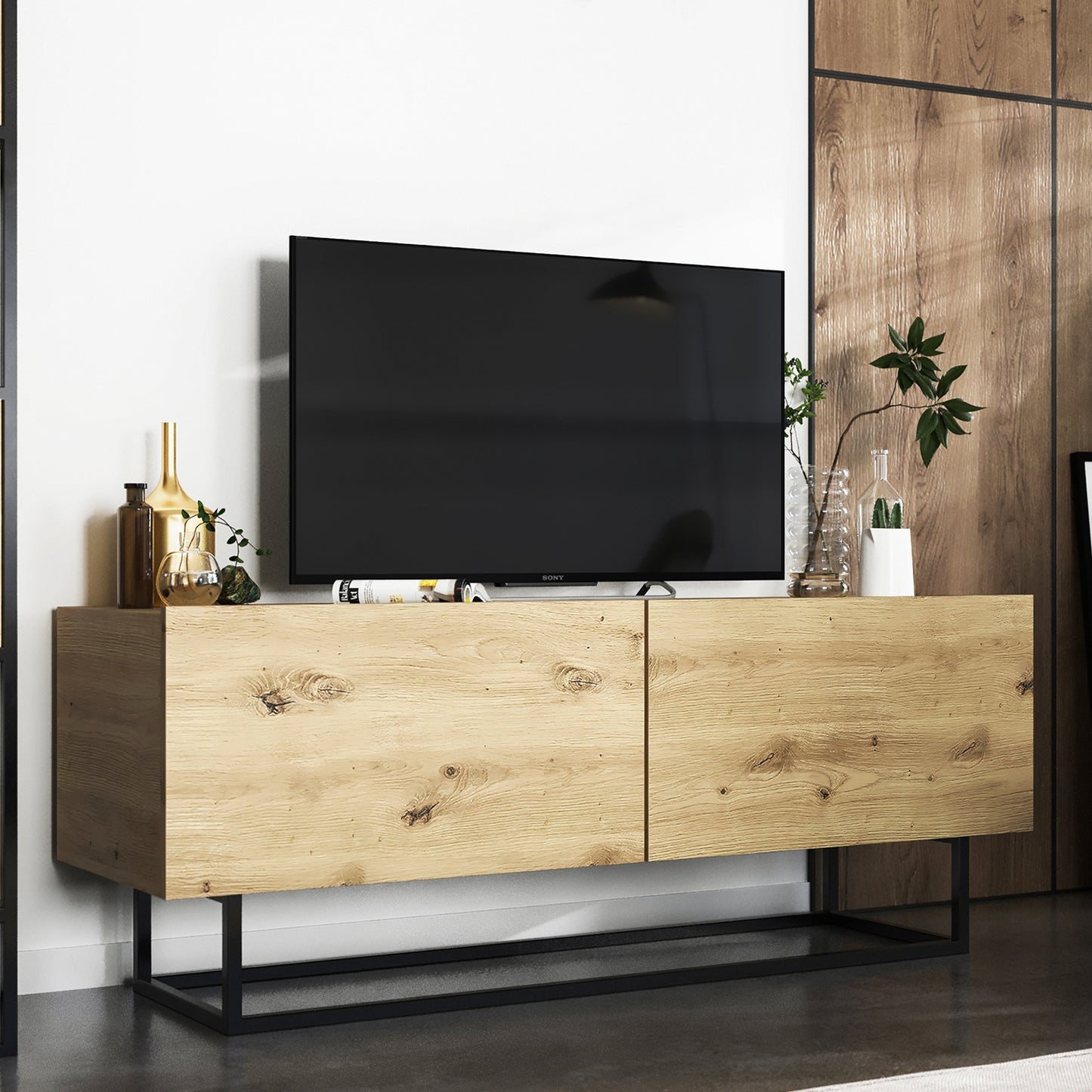 Enjoy Minimalist Freestanding TV Unit with Metal Base – Oak Artisan