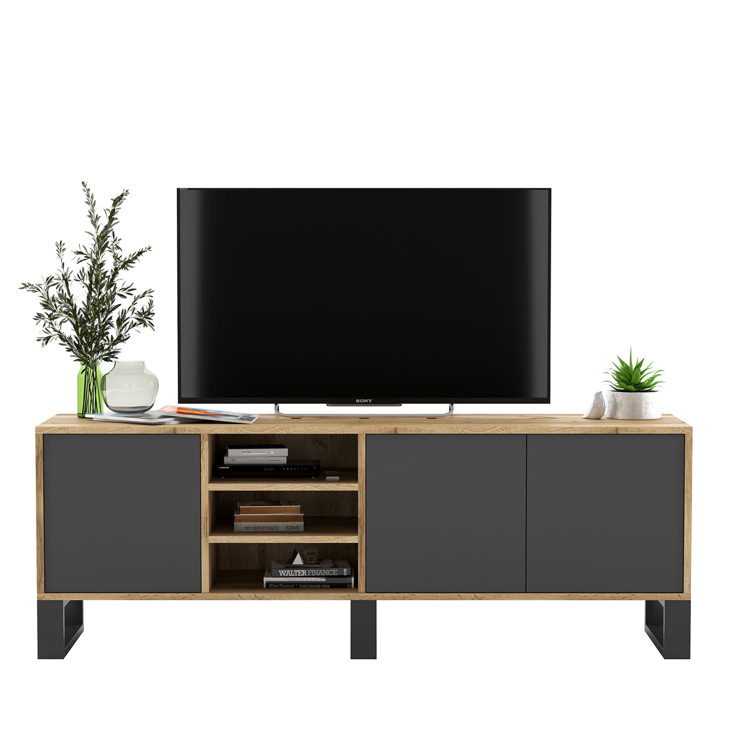 Apollo Modern TV Unit with Open Shelving and Three Metal Legs - Grey / Oak Wotan