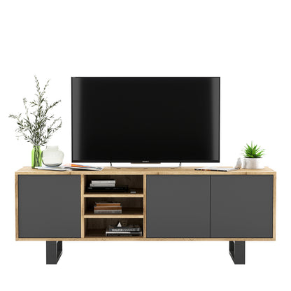 Apollo Modern TV Unit with Open Shelving and Metal Legs - Grey / Oak Wotan