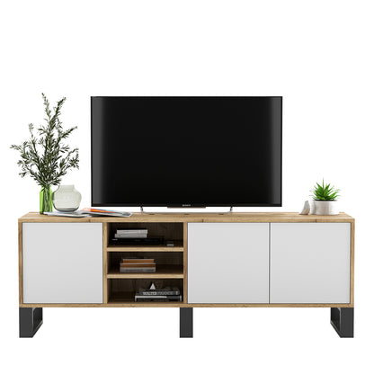 Apollo Modern TV Unit with Open Shelving and Three Metal Legs - White / Oak Wotan