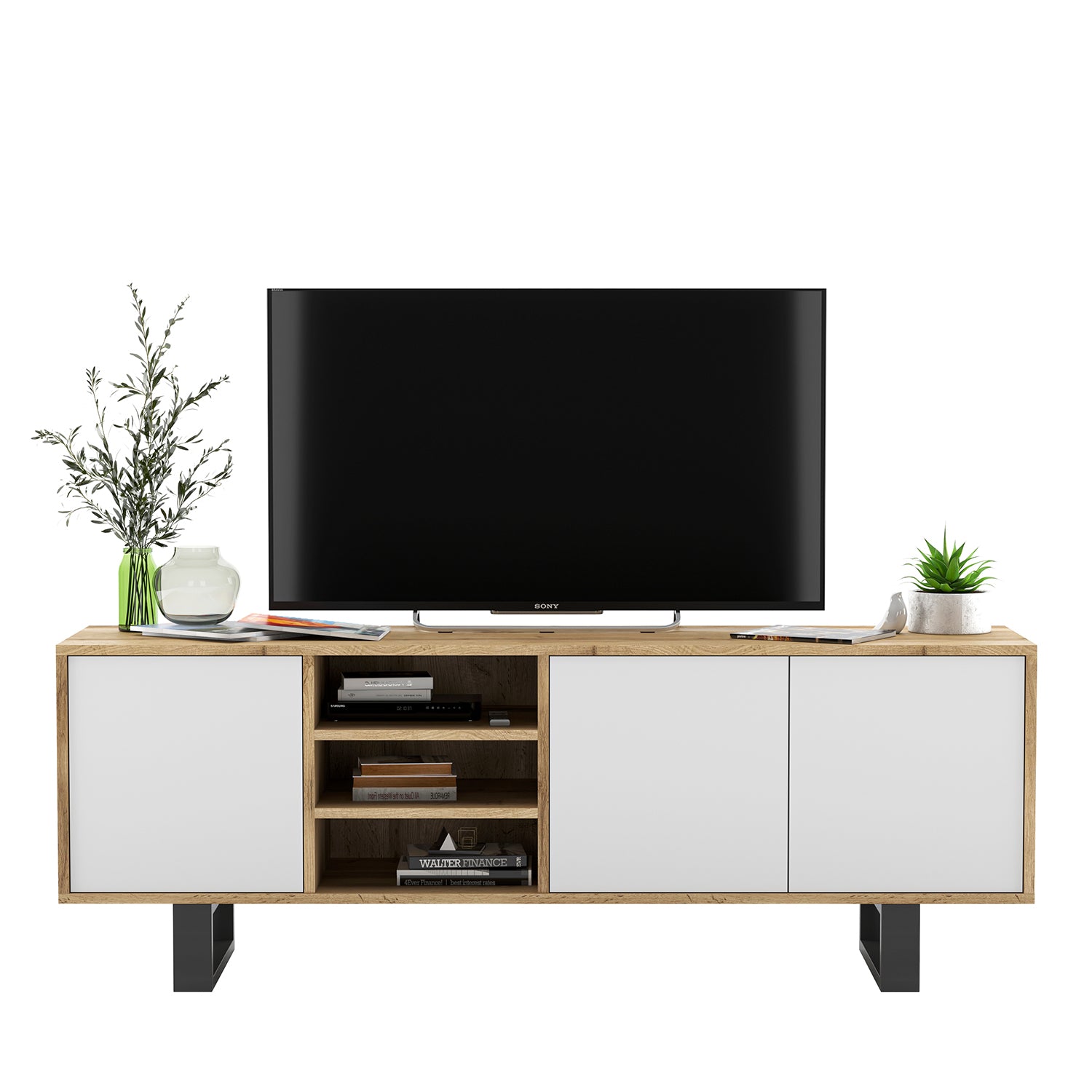 Apollo Modern TV Unit with Open Shelving and Metal Legs - White / Oak Wotan