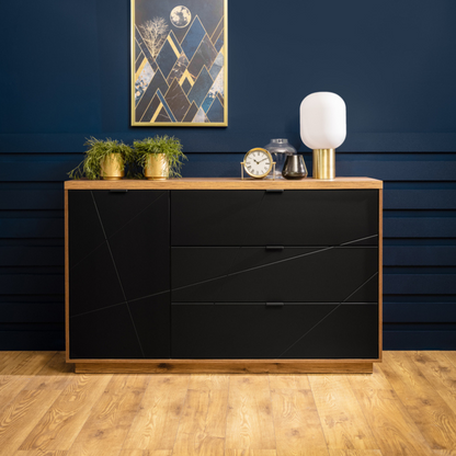 Faisa Chest of Drawers 156cm with Doors and 3 Drawers - Dark Delano Oak / Black Matt