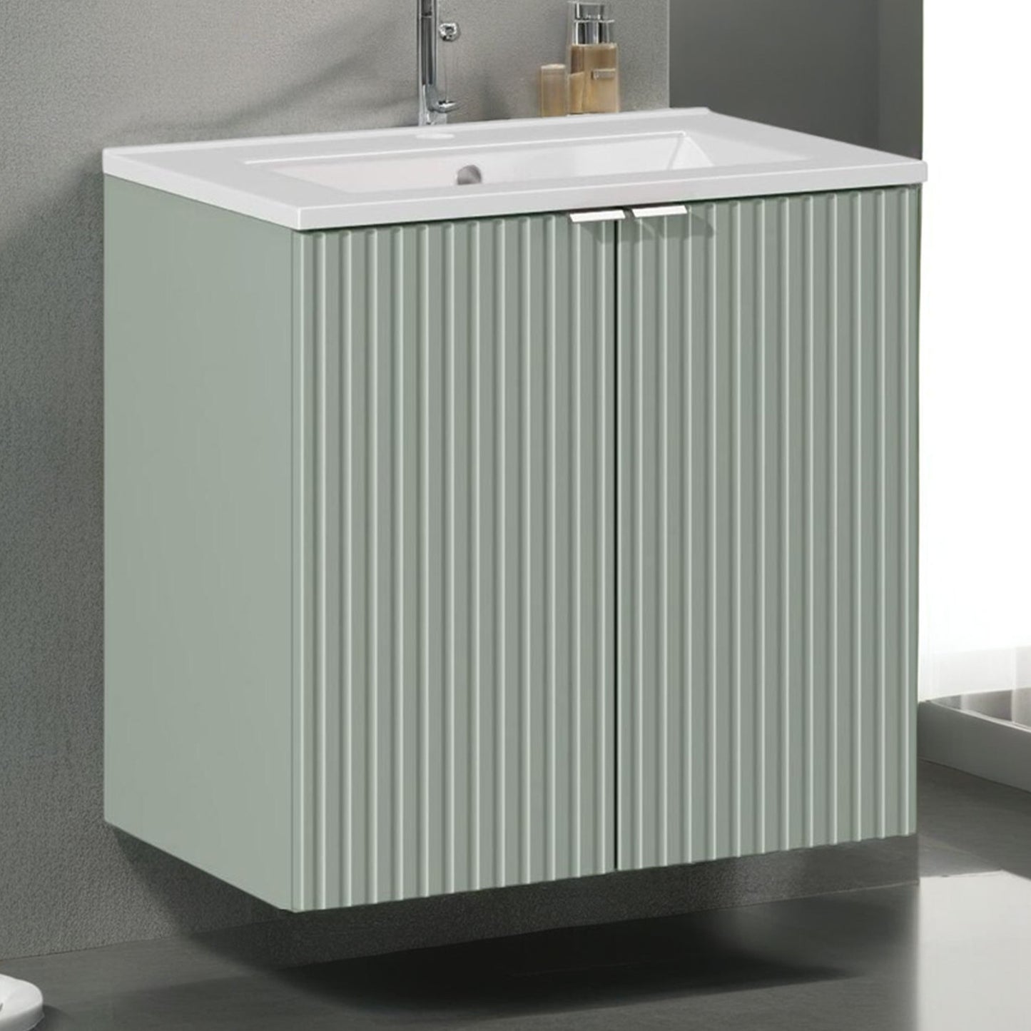 Line Reed 2 Door Bathroom Cabinet Vanity Unit 60cm with Built-In Basin - Sage