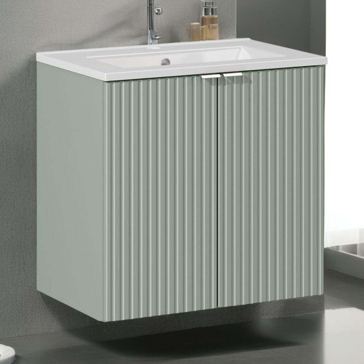 Line Reed 2 Door Bathroom Cabinet Vanity Unit 60cm with Built-In Basin - Sage