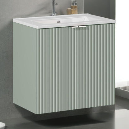 Line Reed 2 Door Bathroom Cabinet Vanity Unit 60cm with Built-In Basin - Sage