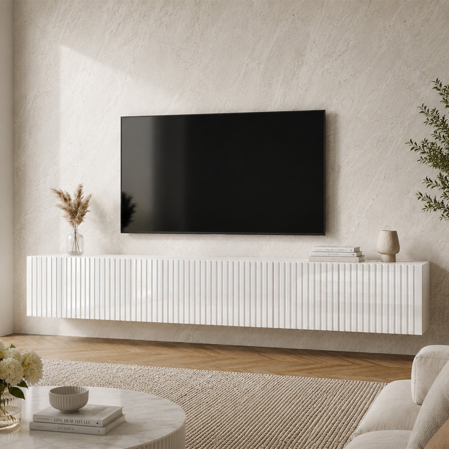 Joyce Wall Mounted TV Unit Modern Fluted Gloss Finish 200cm - White Gloss