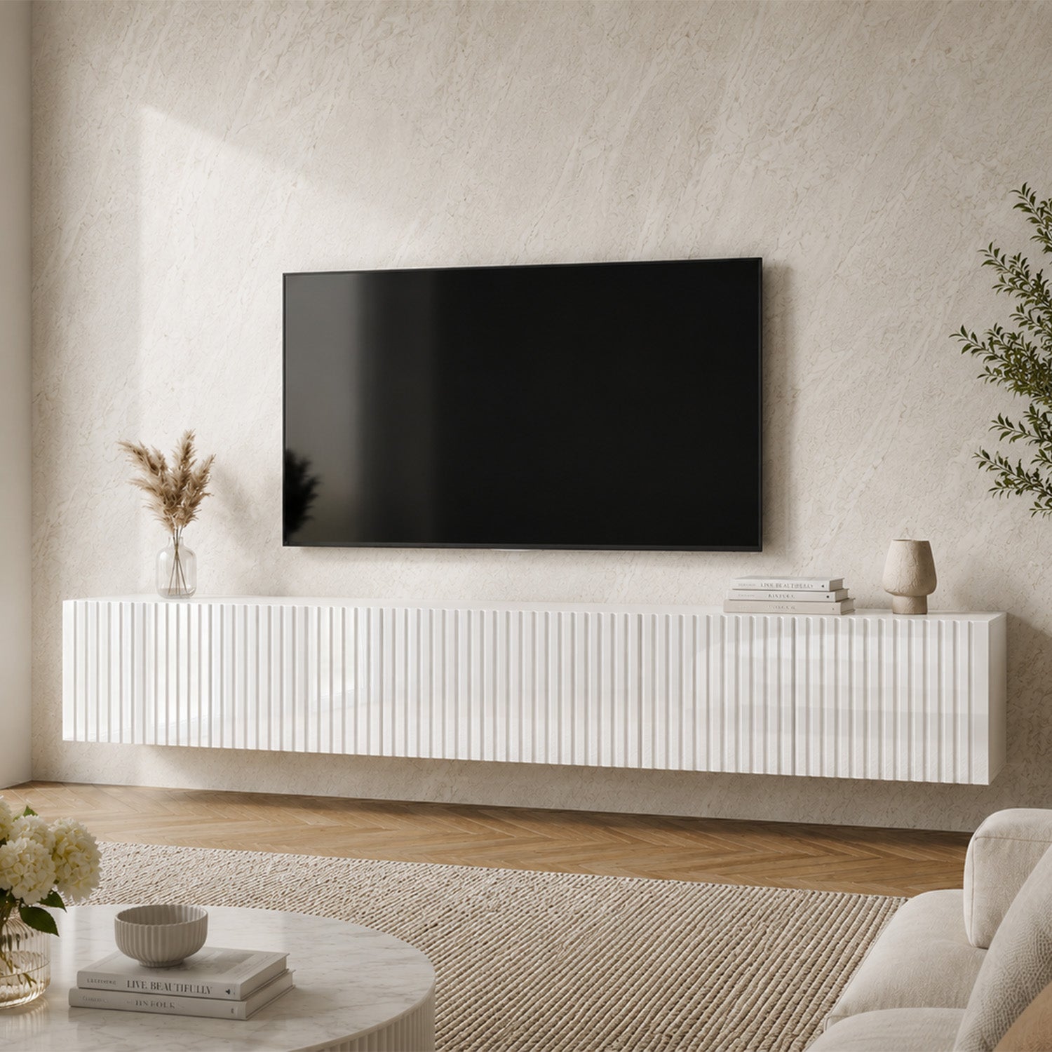 Joyce Wall Mounted TV Unit Modern Fluted Gloss Finish 200cm - White Gloss