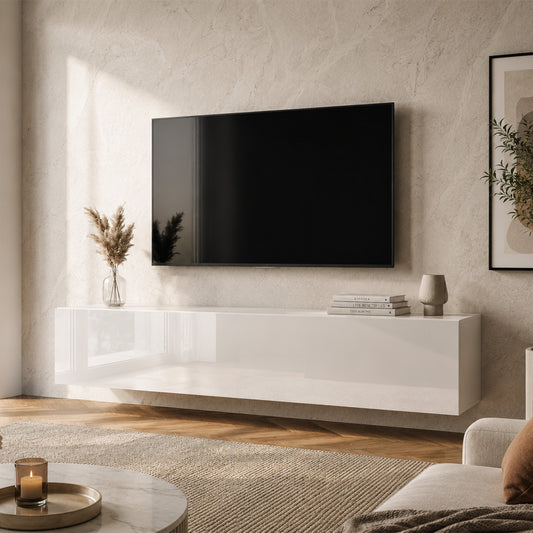 Joyce Wall Mounted TV Unit Modern Plain Gloss Finish 150cm - White Gloss