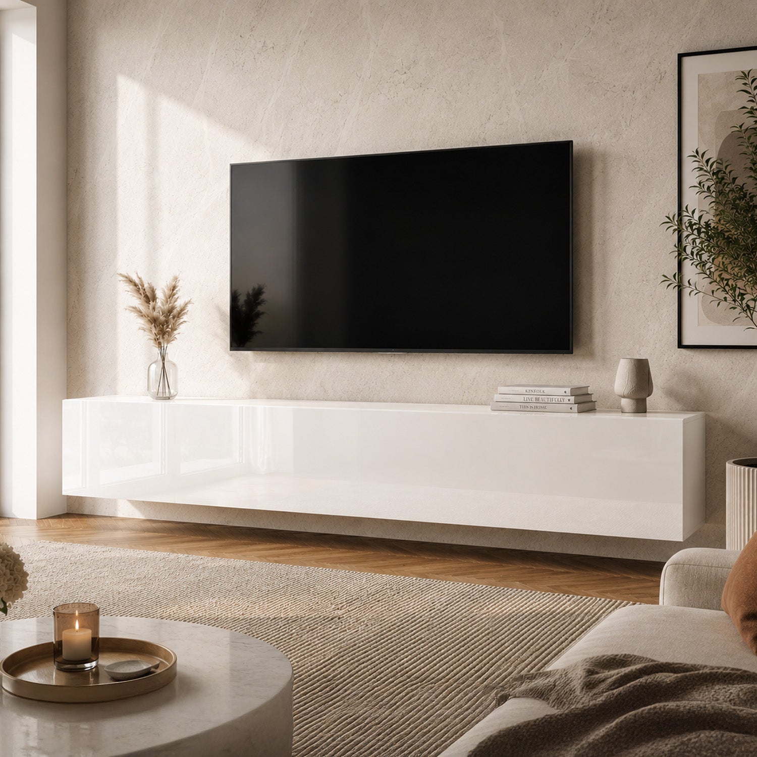 Joyce Wall Mounted TV Unit Modern Plain Gloss Finish 200cm - White Gloss