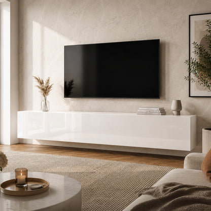 Joyce Wall Mounted TV Unit Modern Plain Gloss Finish 200cm - White Gloss