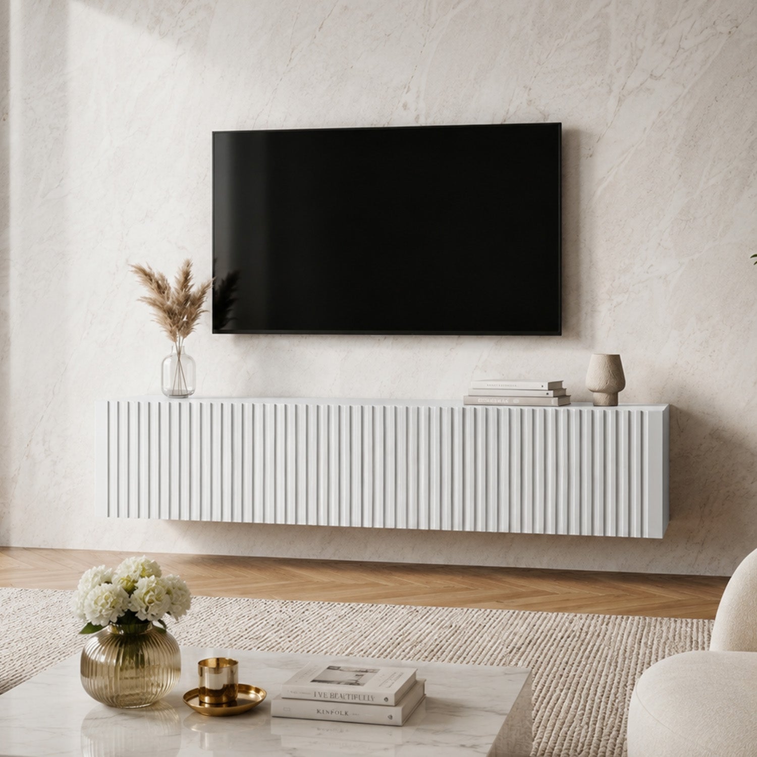 Joyce Wall Mounted TV Unit Modern Fluted Matt Finish 150cm - White Matt