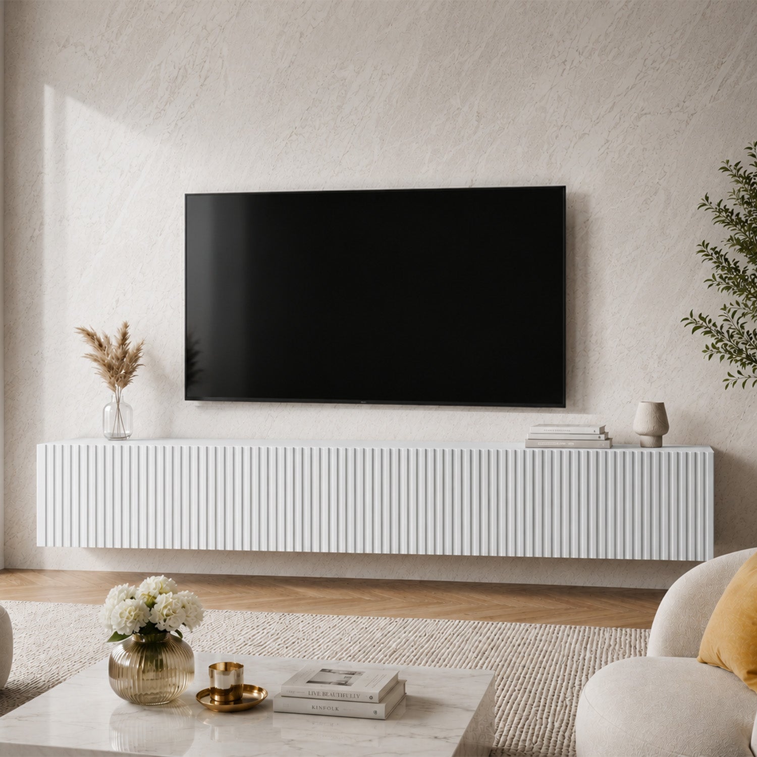 Joyce Wall Mounted TV Unit Modern Fluted Matt Finish 200cm - White Matt