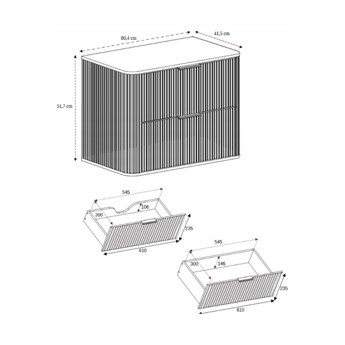 Elegance Glamour Style 2 Drawer Bathroom Wall Cabinet 80cm - Cashmere