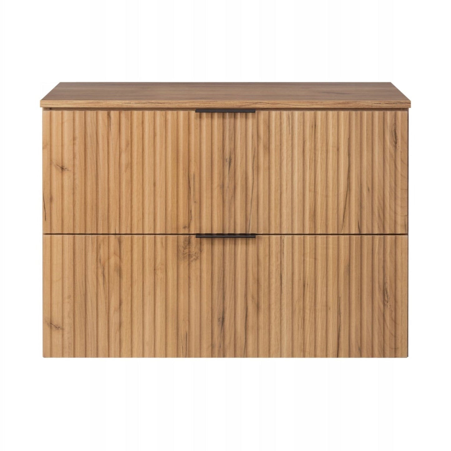 Flow Wall-Mounted 2 Drawer Bathroom Vanity Cabinet with Worktop 80cm - Gold Craft Oak