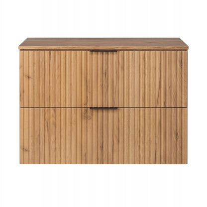 Flow Wall-Mounted 2 Drawer Bathroom Vanity Cabinet with Worktop 80cm - Gold Craft Oak