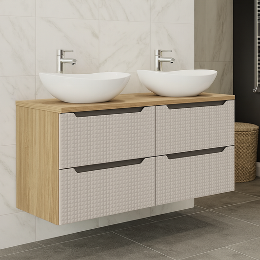 Luxor 3D Diamond Pattern 4 Drawer Bathroom Vanity Cabinet with 2 Round Worktop Basins 120cm - Oak / Beige