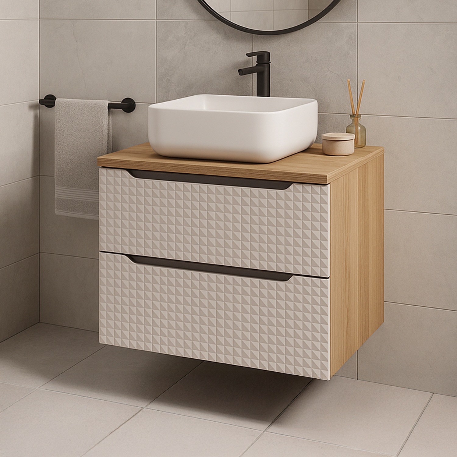 Luxor 3D Diamond Pattern 2 Drawer Bathroom Vanity Cabinet with Square Worktop Basin 70cm - Oak / Beige