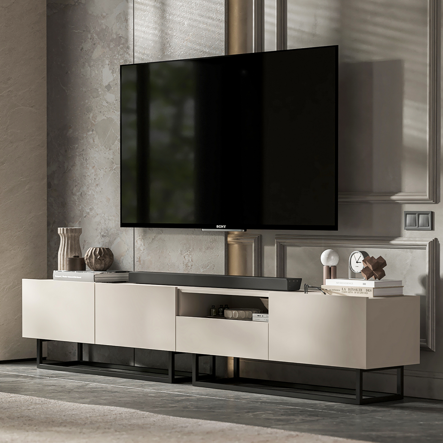 Enjoy Minimalist Freestanding TV Unit with Open Shelf and Metal Base – Cashmere