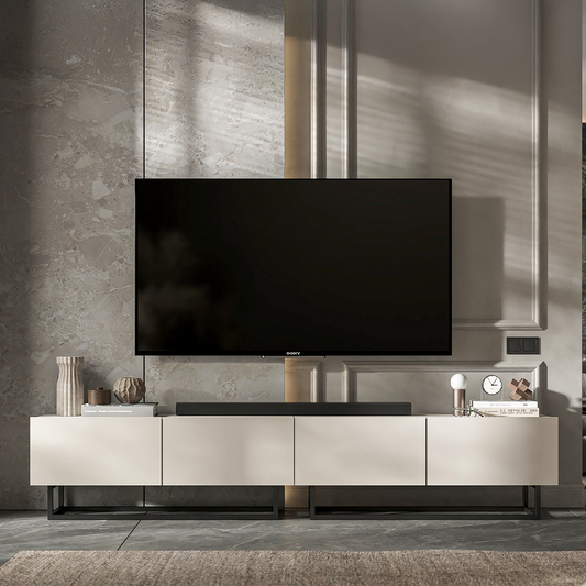 Enjoy Minimalist Freestanding TV Unit with Metal Base 4-Door Wide Design - Cashmere