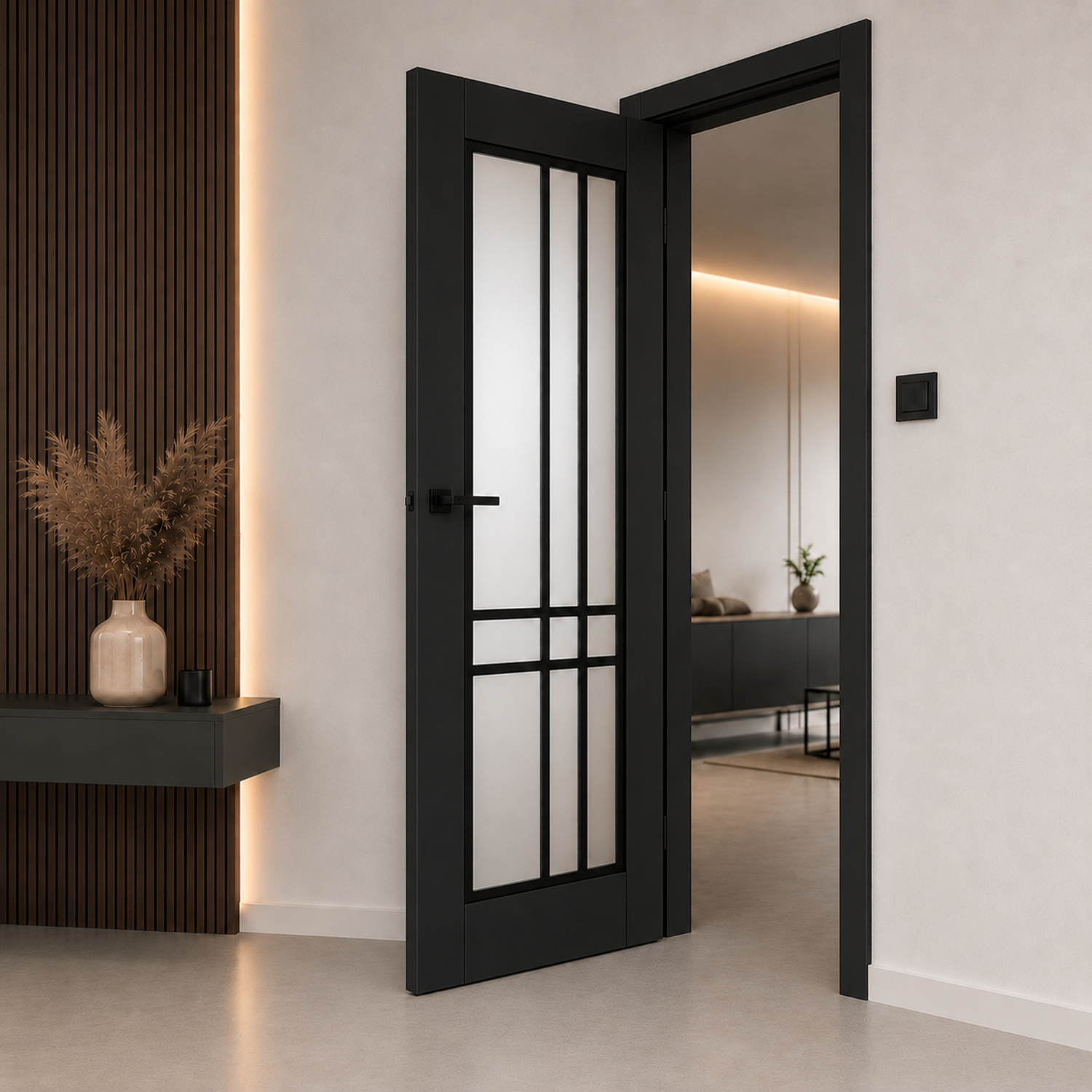 Piano 50 Frosted Glass Internal Rebated Door Set with Frame and Handle - Black Matt