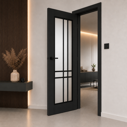 Piano 50 Frosted Glass Internal Rebated Door Set with Frame and Handle - Black Matt
