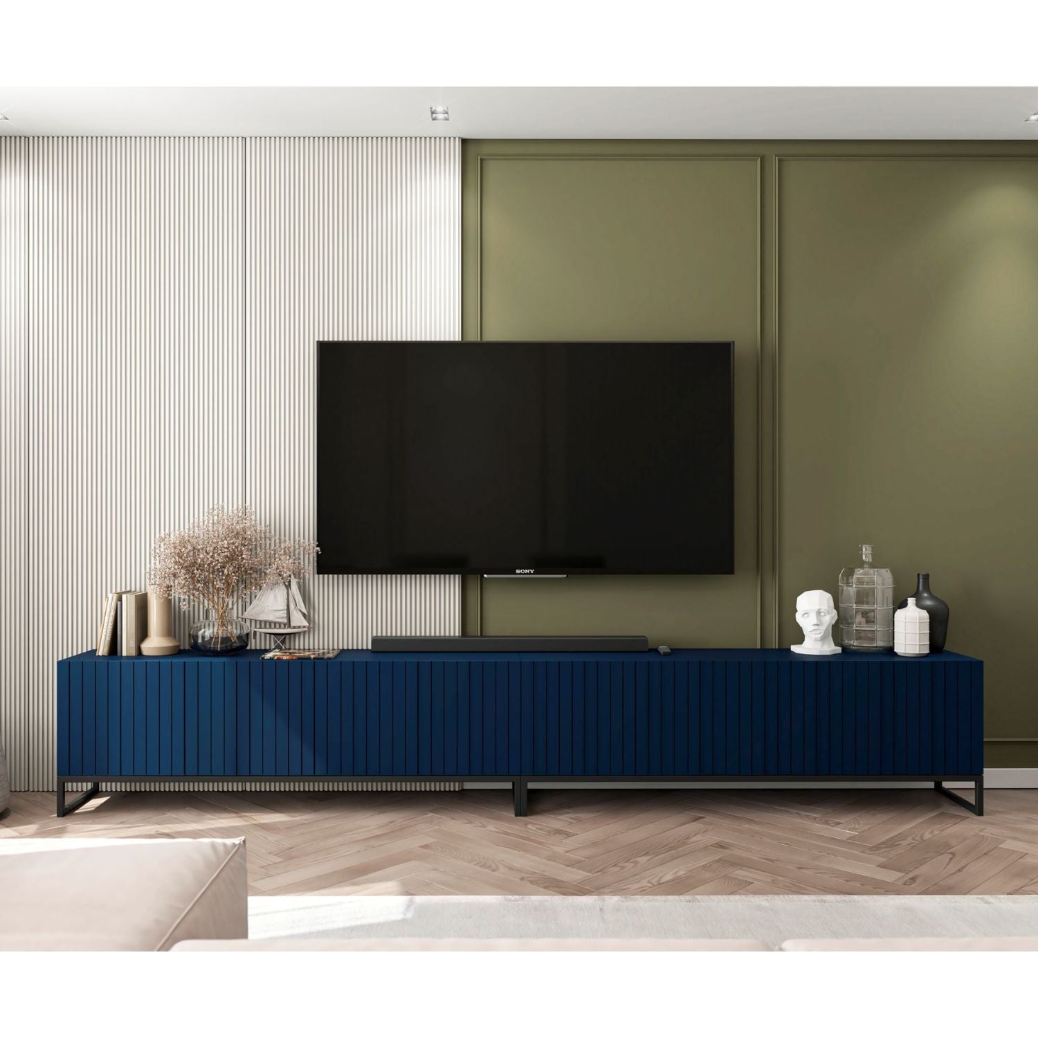 Elpis Glamour Standing TV Cabinet Media Unit with Storage Extra Long 8D 300cm - Navy Matt / Black Frame