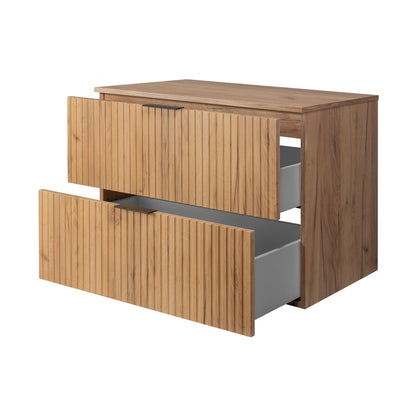 Flow Wall-Mounted 2 Drawer Bathroom Vanity Cabinet with Worktop 80cm - Gold Craft Oak
