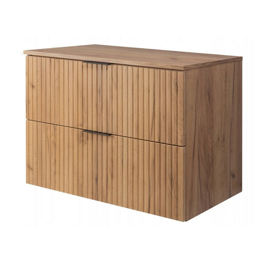 Flow Wall-Mounted 2 Drawer Bathroom Vanity Cabinet with Worktop 80cm - Gold Craft Oak