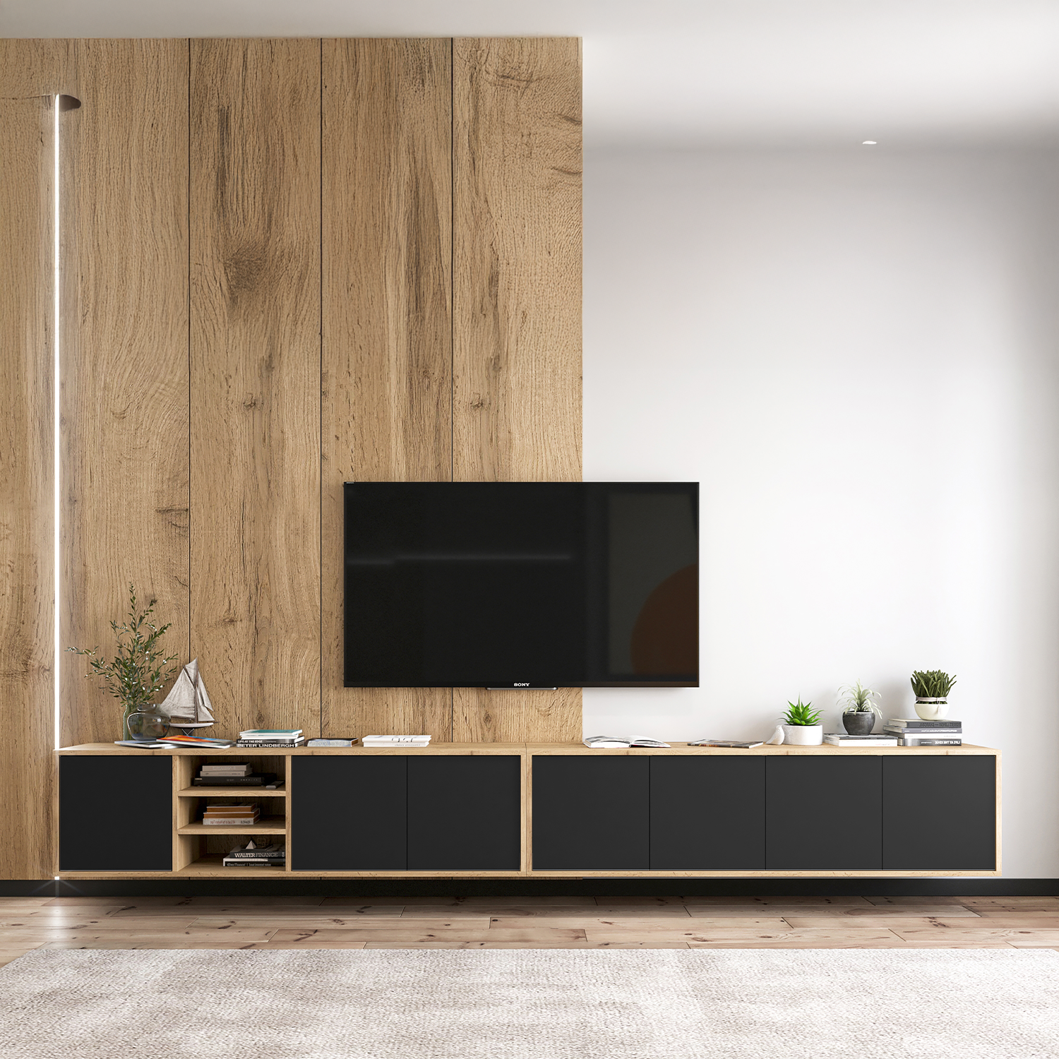 Apollo Modern Wall-Mounted Wide TV Unit with Open Shelving – Black / Oak Wotan