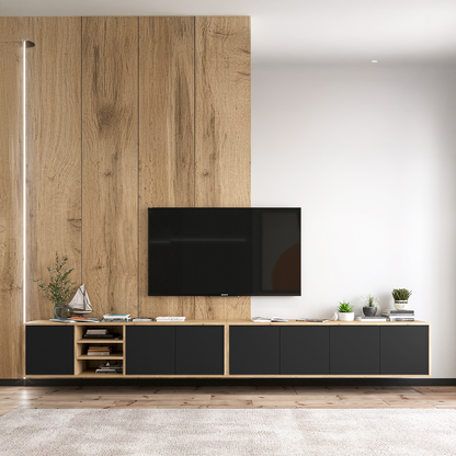 Apollo Modern Wall-Mounted Wide TV Unit with Open Shelving – Black / Oak Wotan