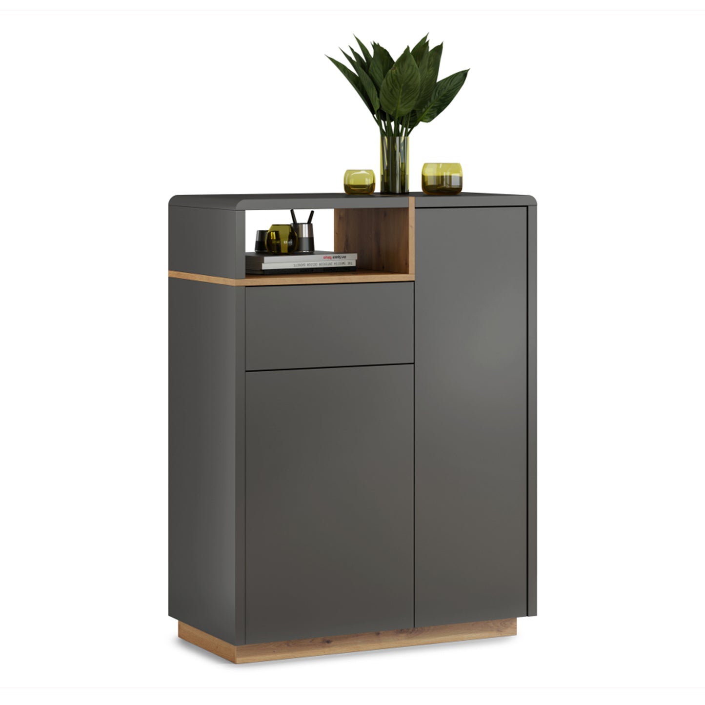 Folk Modern Loft Style Tall Sideboard with Drawer and Display Shelf - Anthracite/ Artisan Oak
