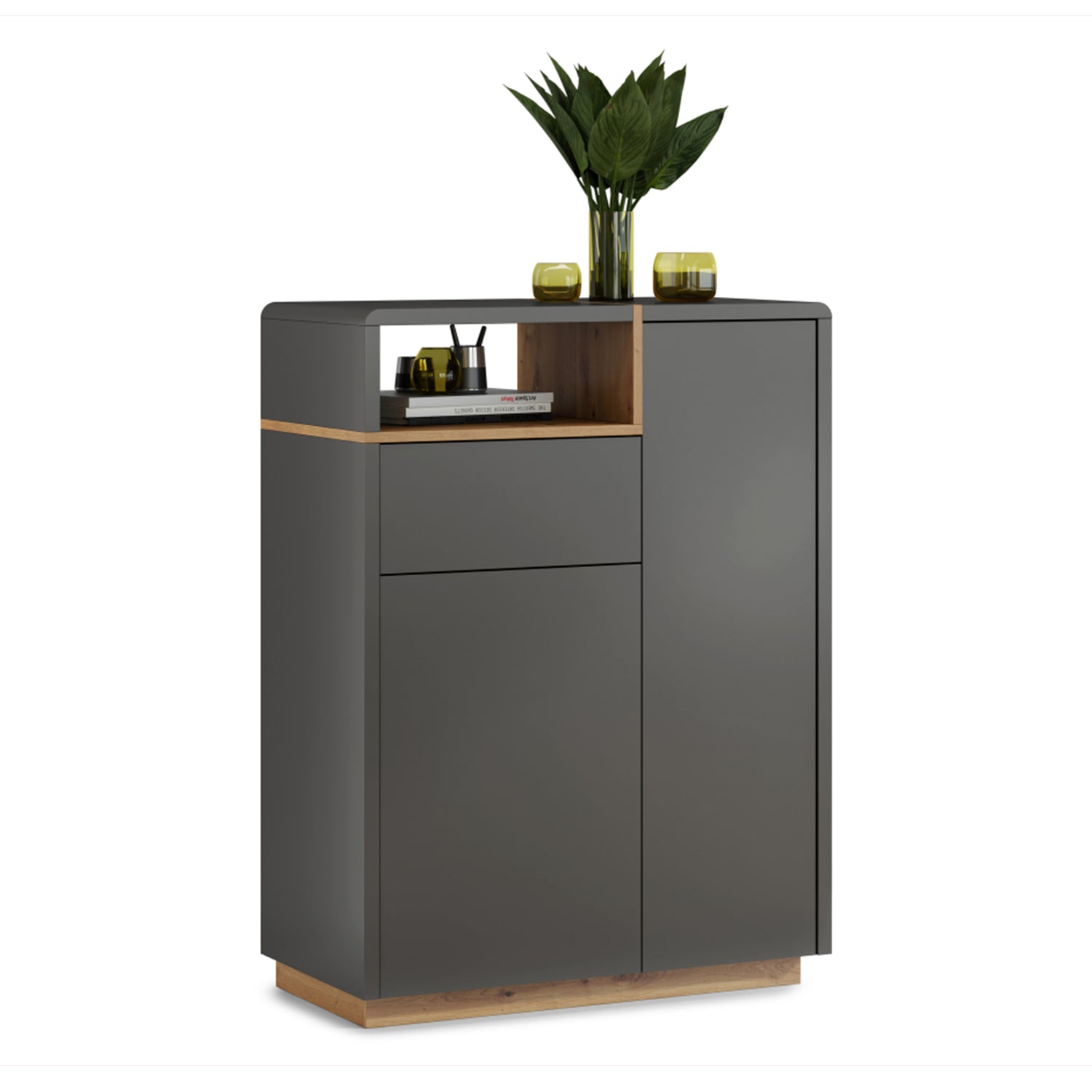 Folk Modern Loft Style Tall Sideboard with Drawer and Display Shelf - Anthracite/ Artisan Oak