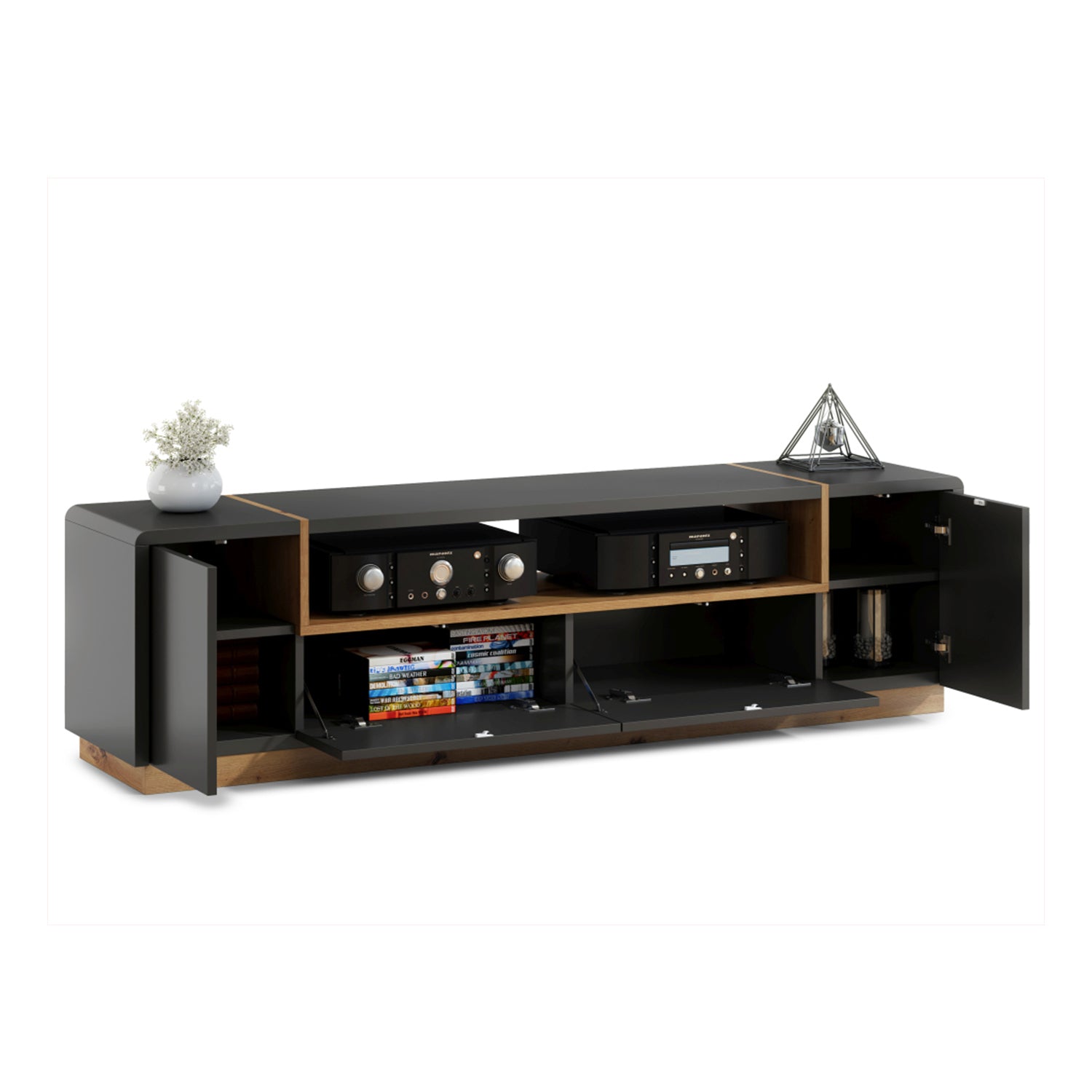Folk Modern Loft Style Wide TV Cabinet with Open Shelf – Anthracite / Artisan Oak